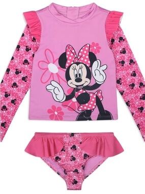 Disney Kids Pink Minnie Mouse Long-Sleeve Rashguard Swim Set
